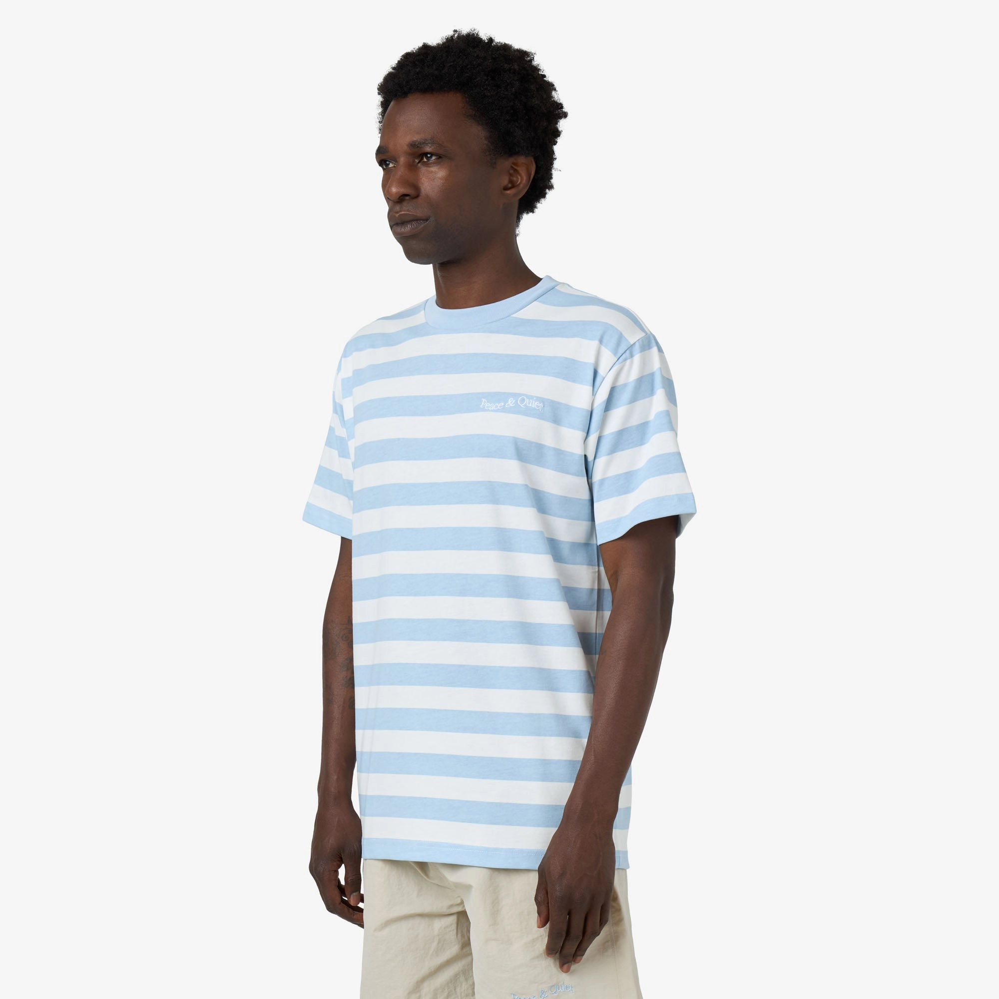conference event short hem Museum Of Peace & Quiet Wordmark Striped T-Shirt / Baby Blue