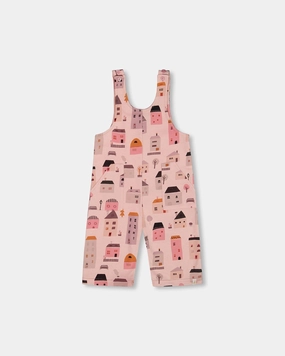 NonRestrictiveFit Organic Cotton Printed French Terry Overalls Pink And Coral Houses