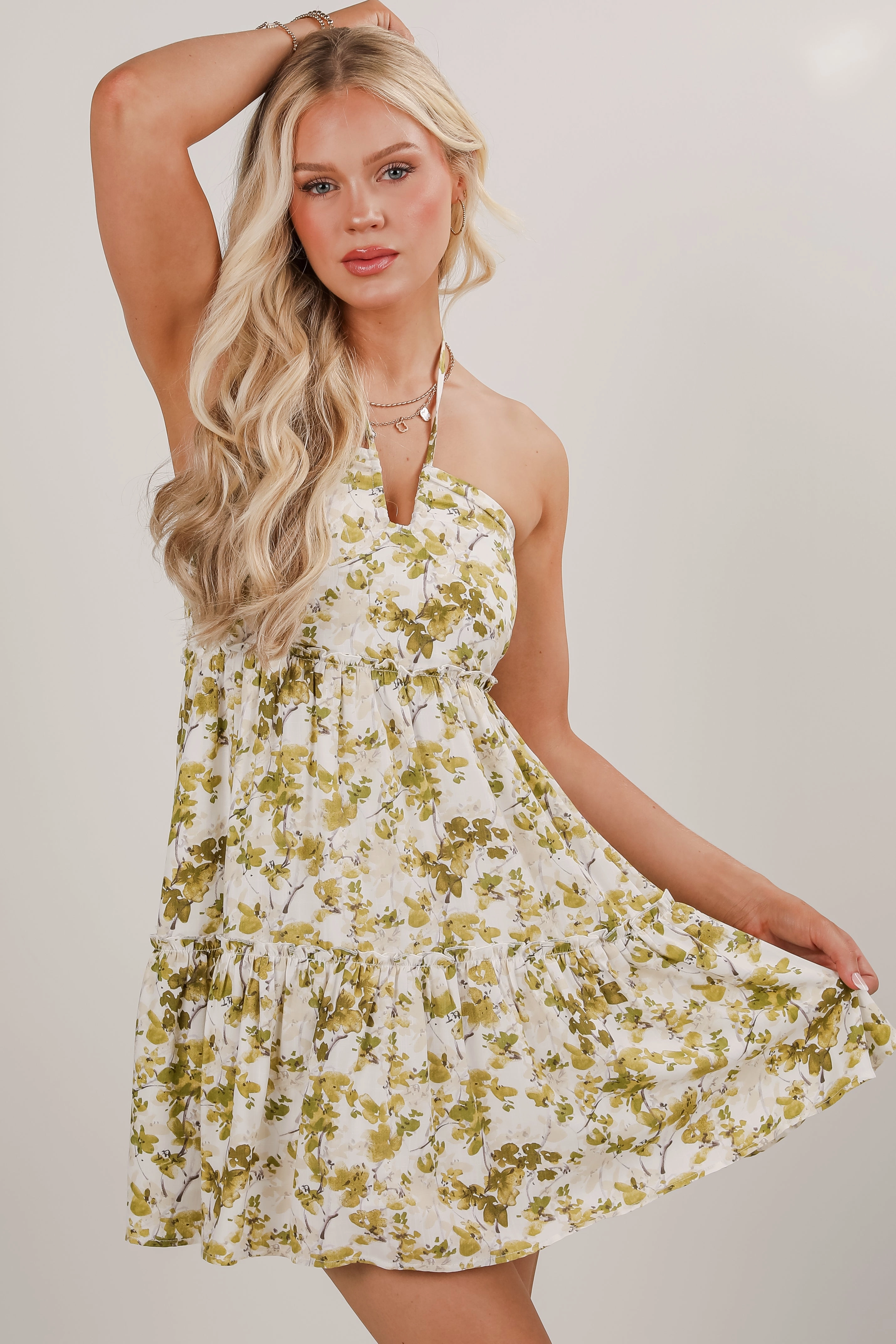 Soft and Smooth FINAL SALE - Falling In Love Light Olive Floral Halter Mini Dress