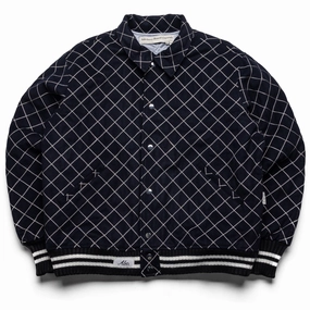 Advisory Board Crystals Diamond Quilted Varsity Jacket - Navy Zip Off Detailing