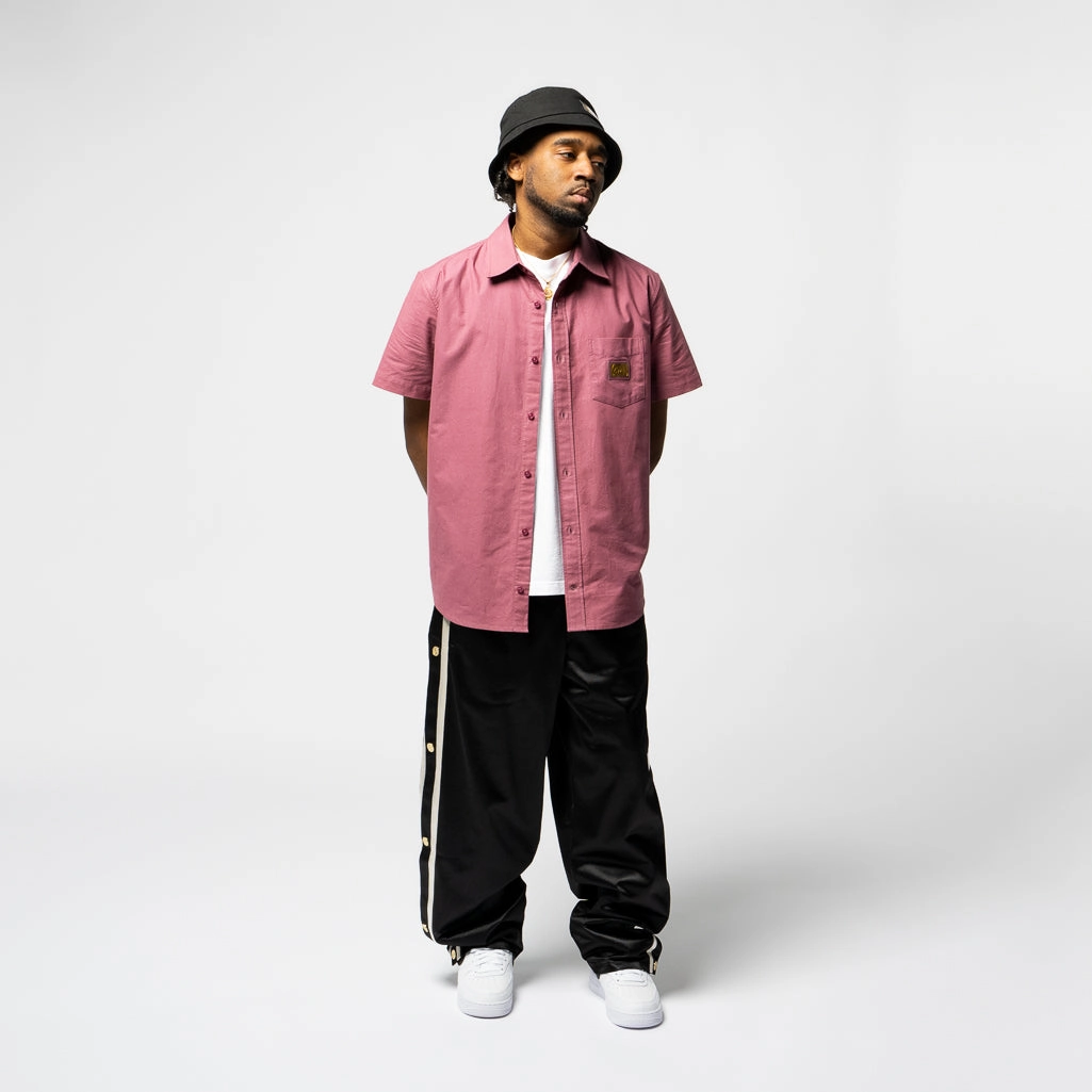 Hidden Button Placket Advisory Board Crystals Short Sleeve Oxford Shirt - Mauve