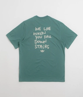 modern hem Adidas Shmoofoil Stairs T-Shirt - Preloved Teal / Alumina