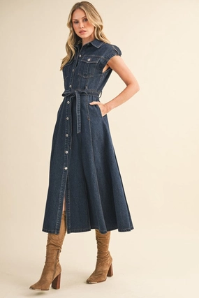 City Rhythm Alicia Short Sleeve Waist Tie Denim Midi Dress Dark Wash