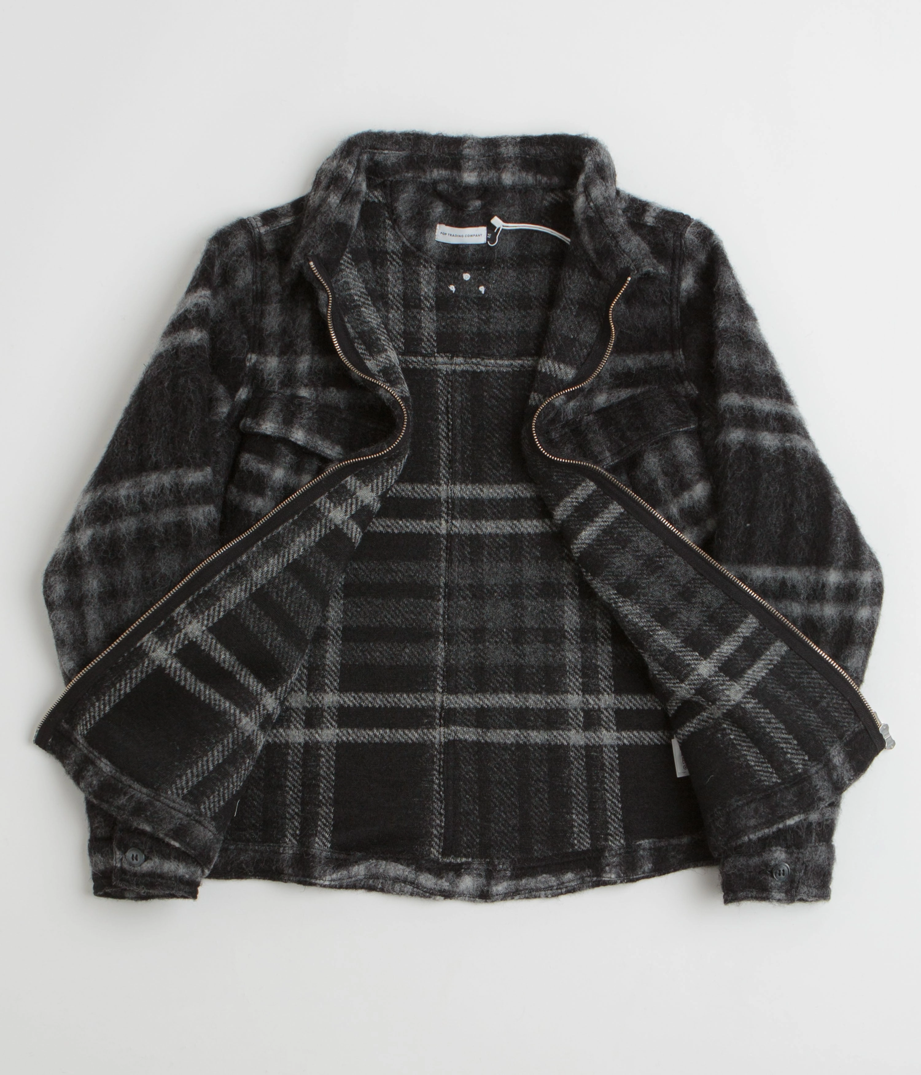 Pop Trading Company Checked Wool Shirt Jacket - Black / Charcoal suitable for autumn festivals Mesh Backed Hood