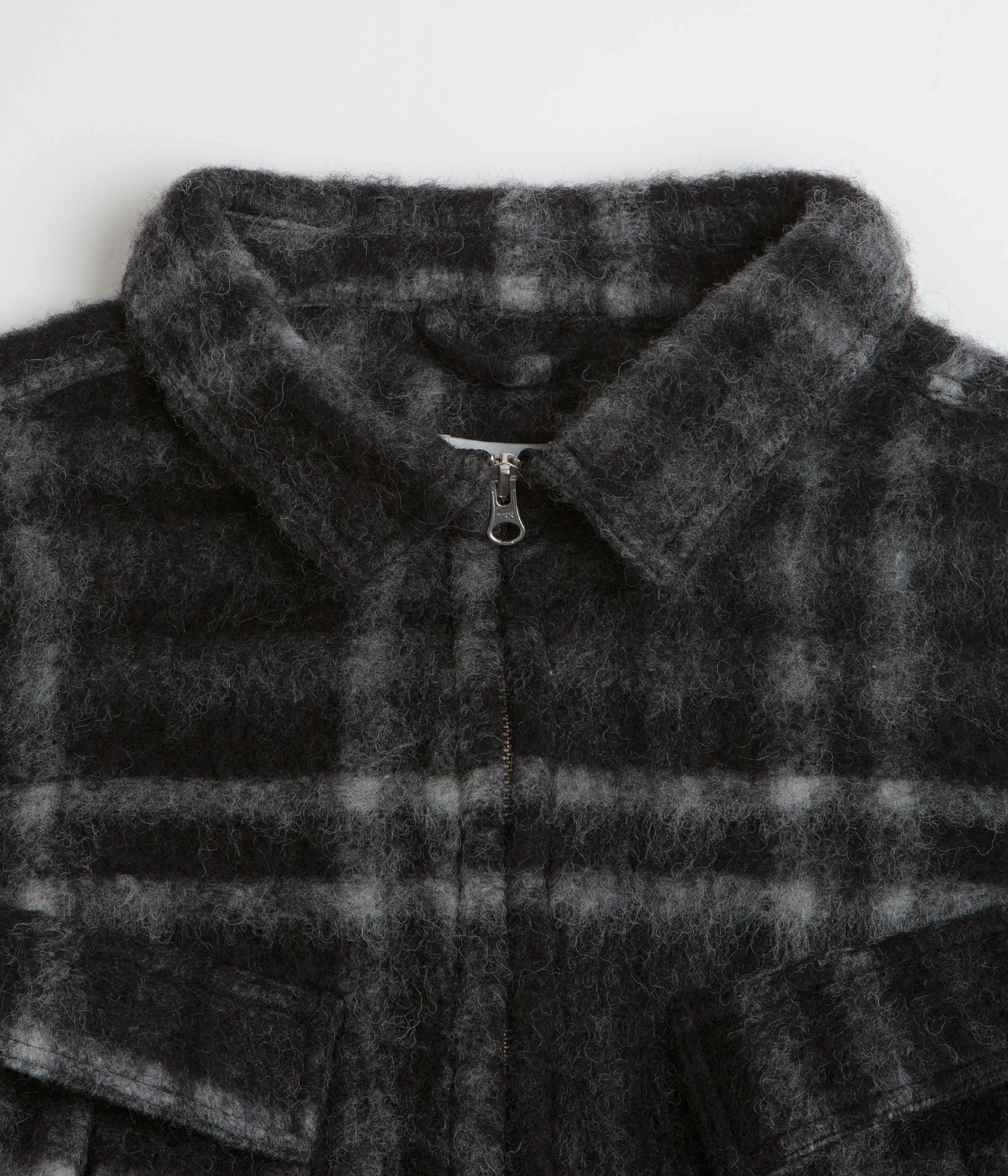 Pop Trading Company Checked Wool Shirt Jacket - Black / Charcoal YKK Zipper Mountain Hike