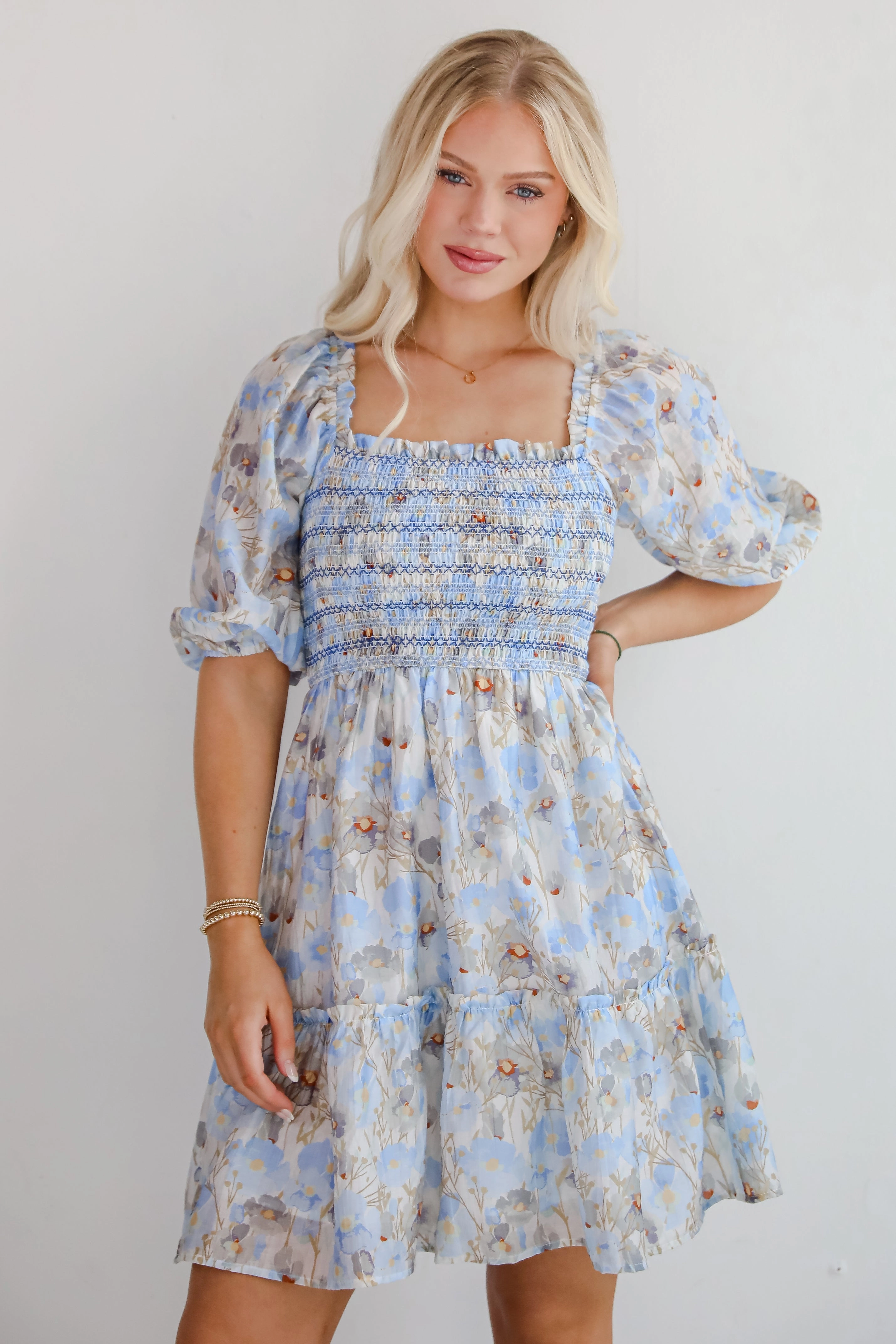 Lace-Edge FINAL SALE - Cute Objective Light Blue Floral Smocked Mini Dress
