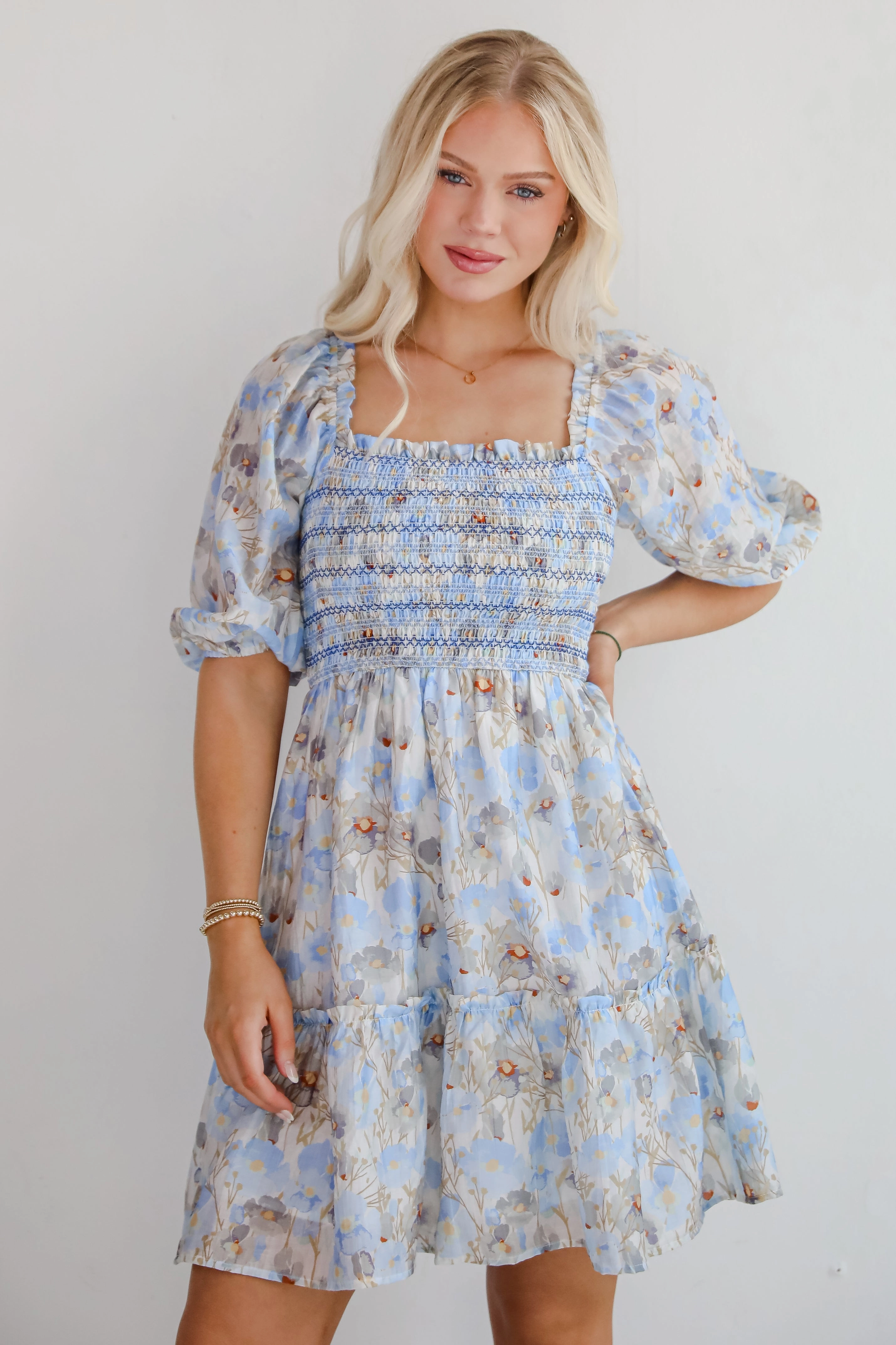 FINAL SALE - Cute Objective Light Blue Floral Smocked Mini Dress Subtle Mood Back Glow
