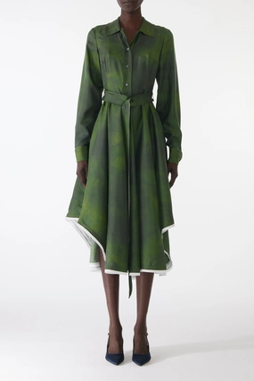 SMUDGED CANVAS SILK TWILL SHIRTDRESS WITH BELT Light Weave Front-Slit