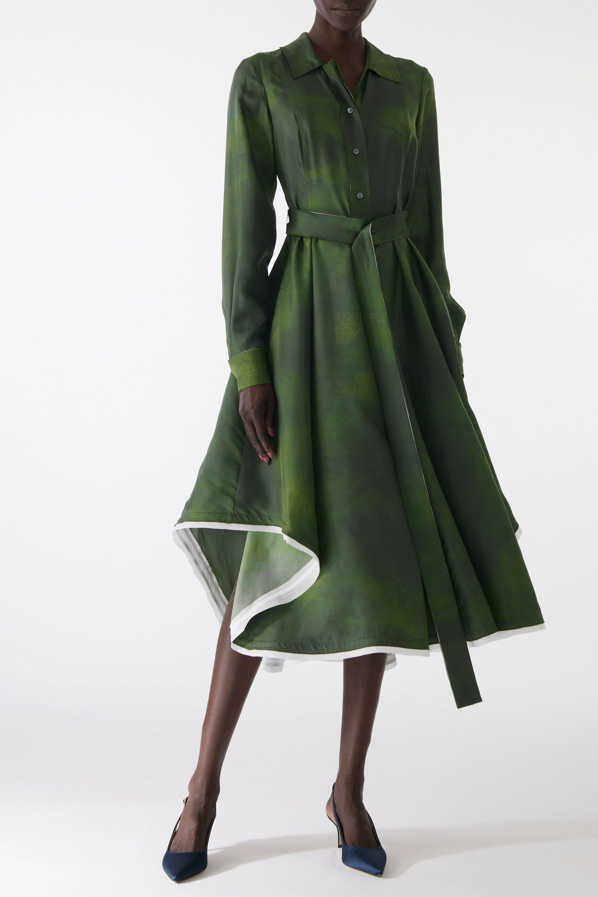 Earth-Tone Nature Bloom SMUDGED CANVAS SILK TWILL SHIRTDRESS WITH BELT