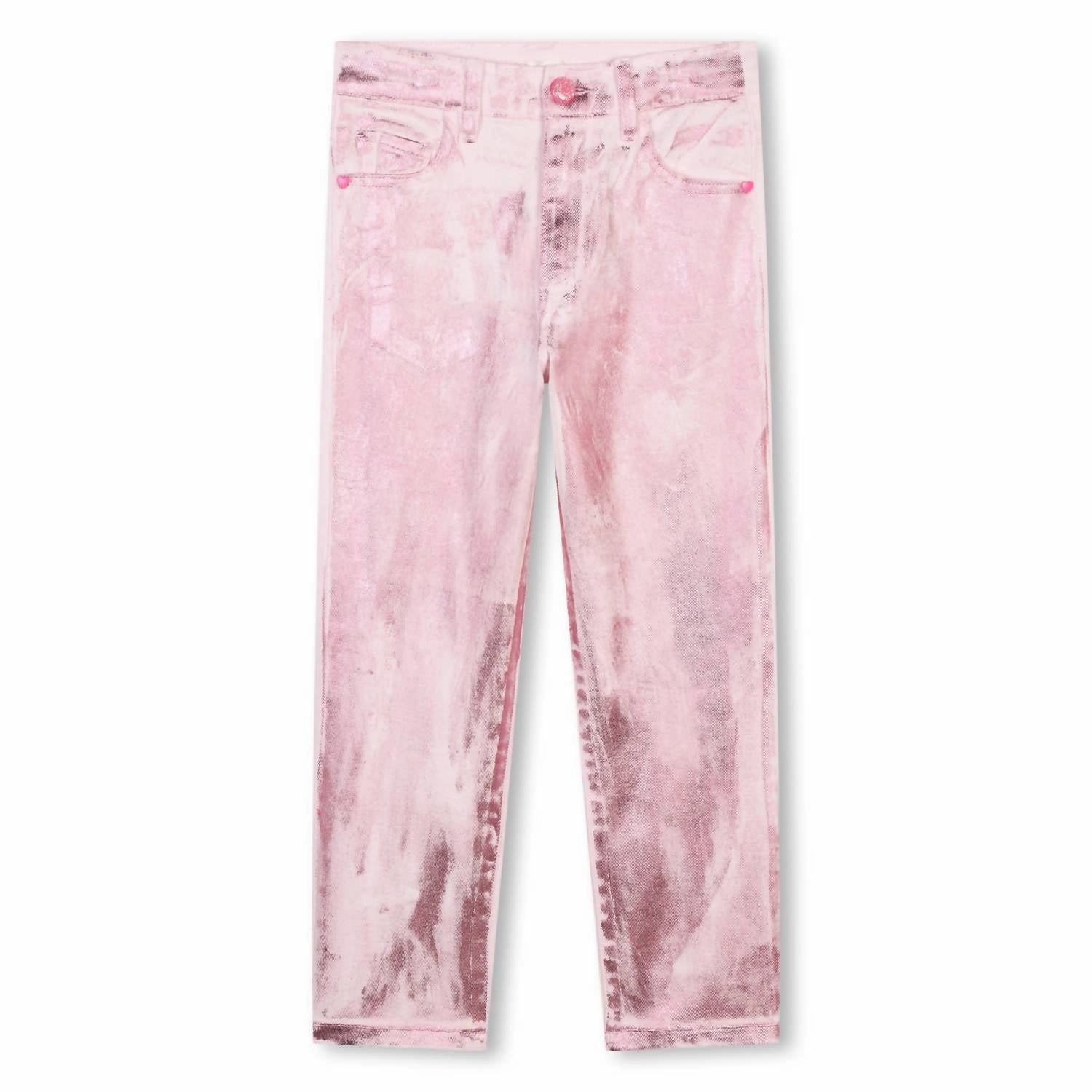 Girl's Metallic Twill Pants In Baby Pink relaxed shape pilling resistant