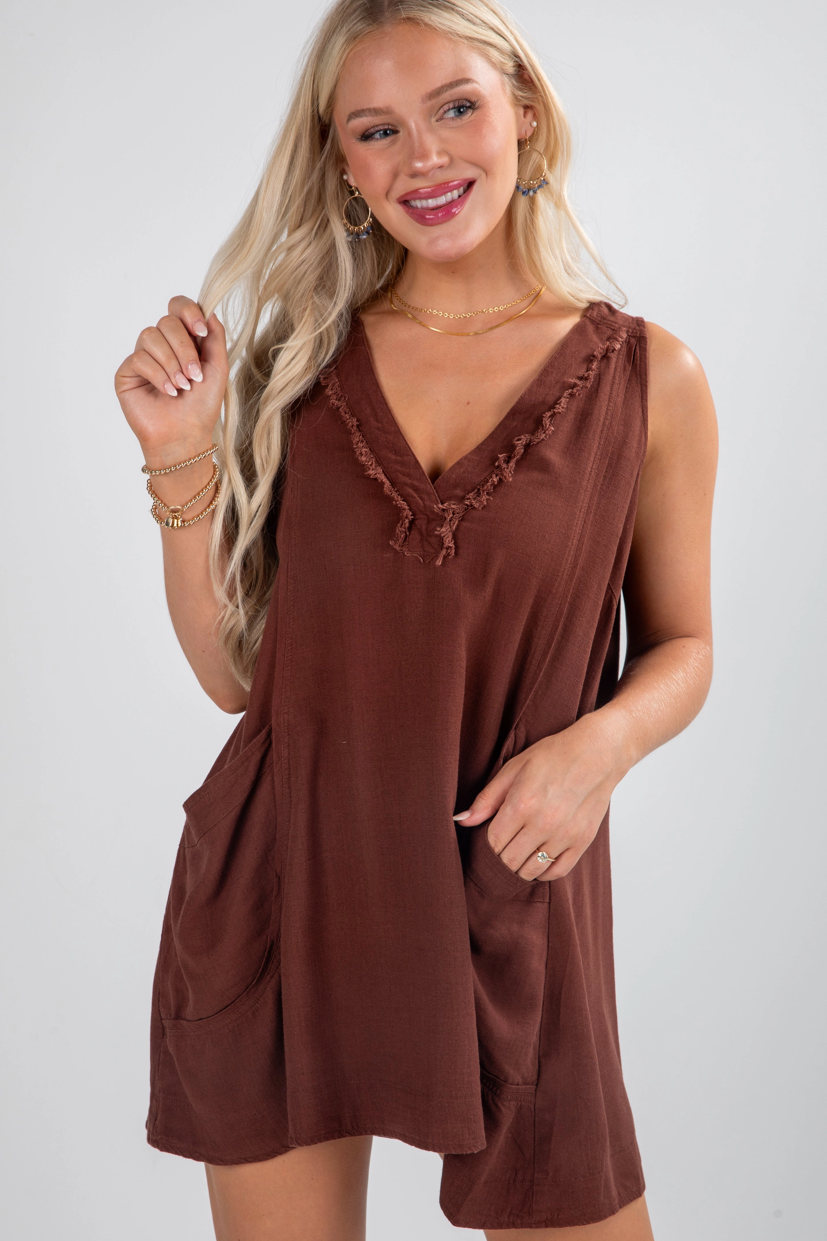 FINAL SALE - The Good In You Chocolate Brown Mini Dress Travel-Essential Textured Flow