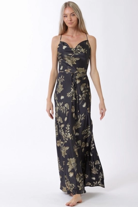 Smooth Finish Amberlynn Sleeveless Waist Tie Floral Print Maxi Dress Black