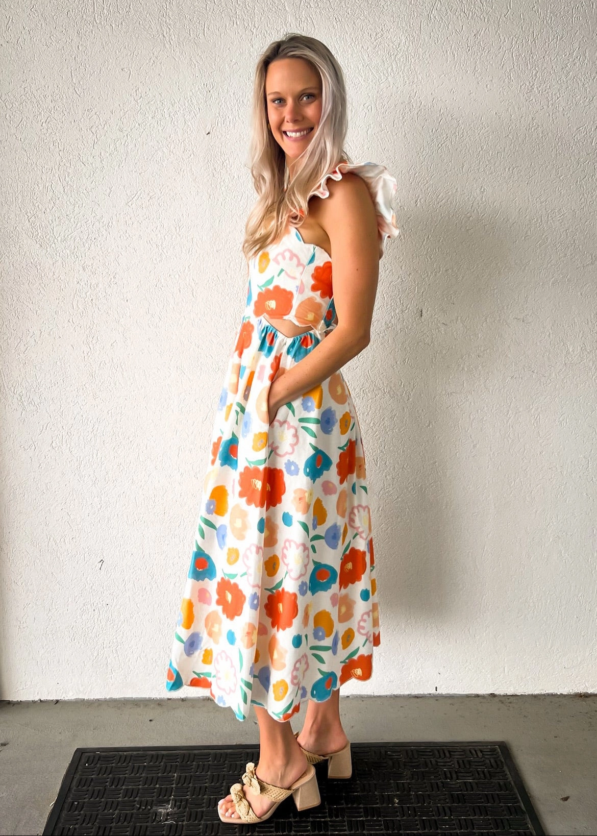 Cute Touch ASHTON FLORAL DENIM SCALLOP MIDI DRESS