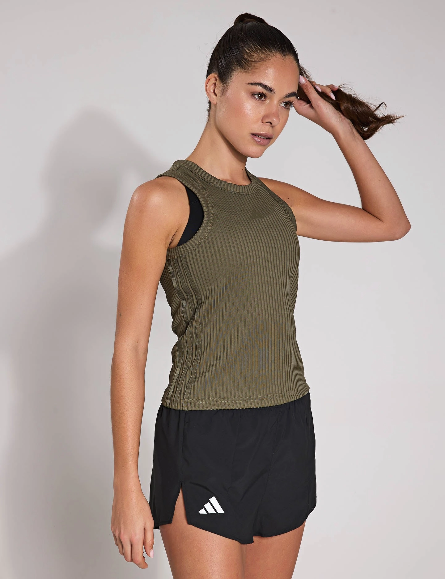 All Gym Seasonal Rib Tight Fit Tonal 3-Stripes Tank Top - Olive Strata Layered Hem