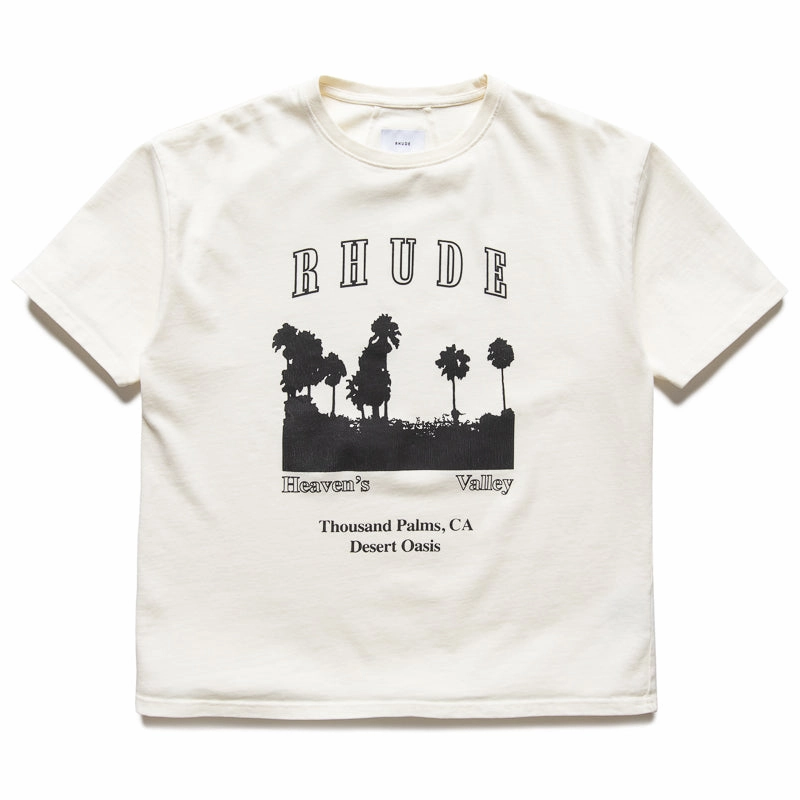 Rhude Thousand Palms Tee - Vintage White/Black hidden closure Boat Neck