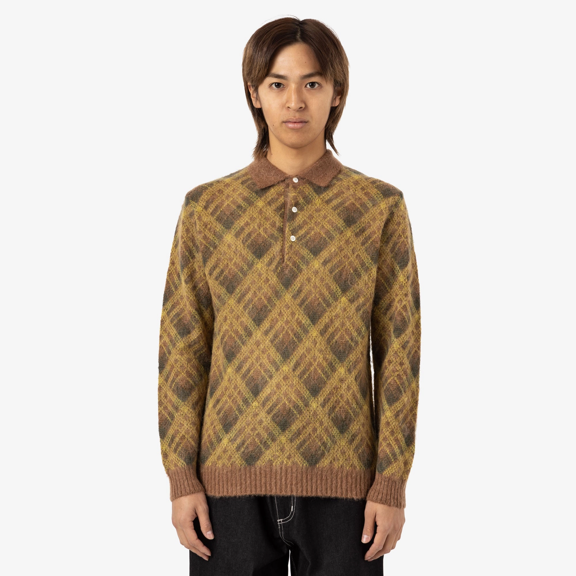 Reinforced Hems Laser Cut Edge Detail BEAMS PLUS Knit Polo Stripe / Brown