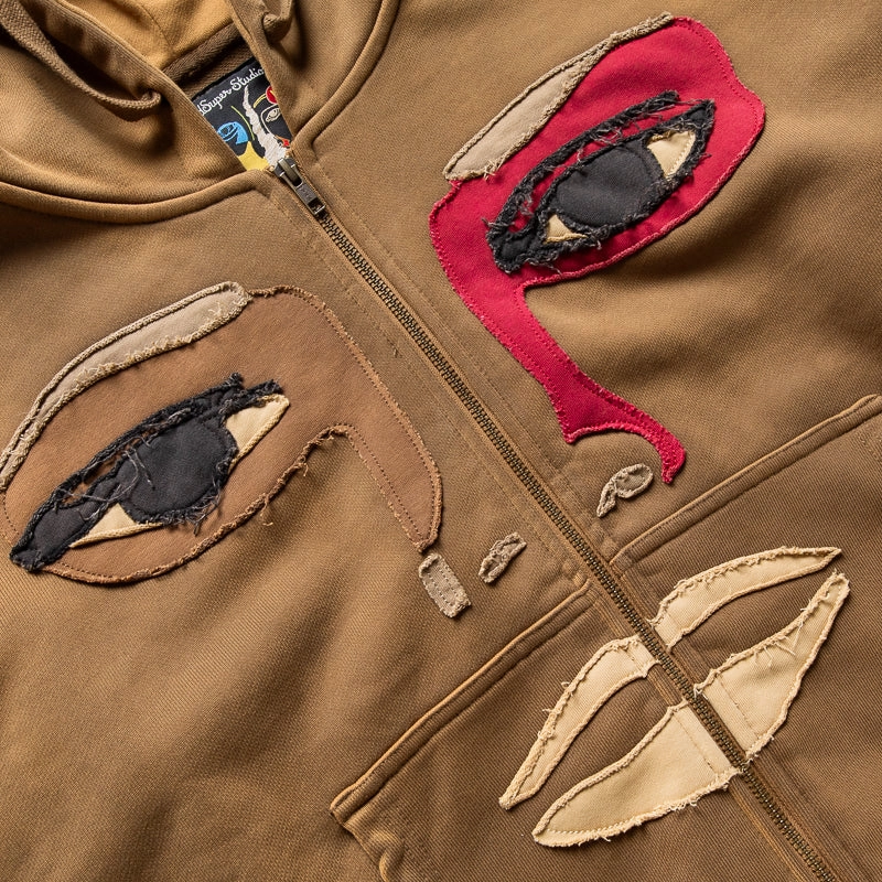 KidSuper Patchwork Face Heavyweight Zip Up Hoodie - Dark Brown Non Restrictive Cut Four Way Stretch Material