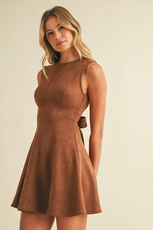 Effortless Touch Delicate Details Beverly Sleeveless Faux Suede Open Back Tie Mini Dress Camel