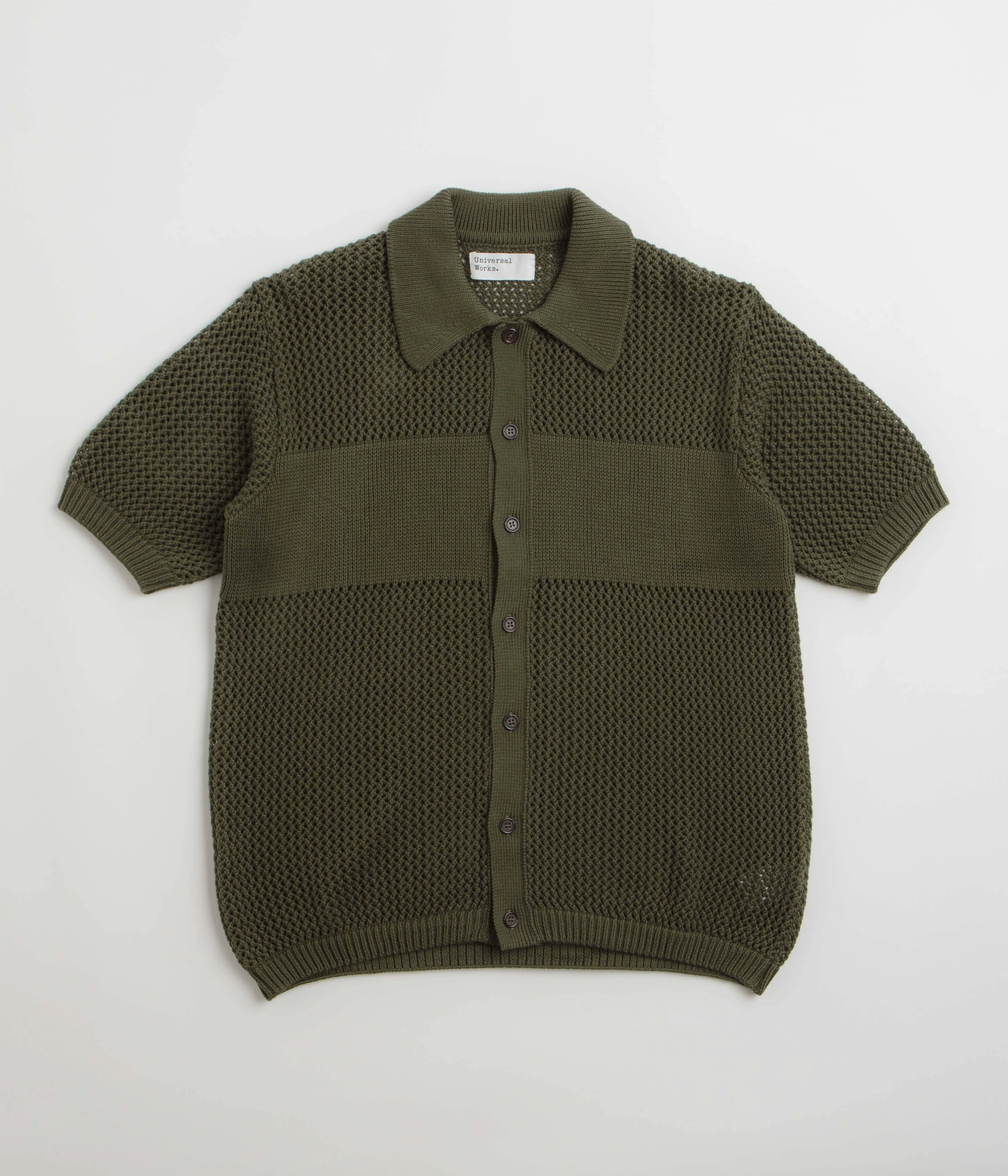 Sleek Silhouette Standalone Option Universal Works Knit Short Sleeve Shirt - Olive