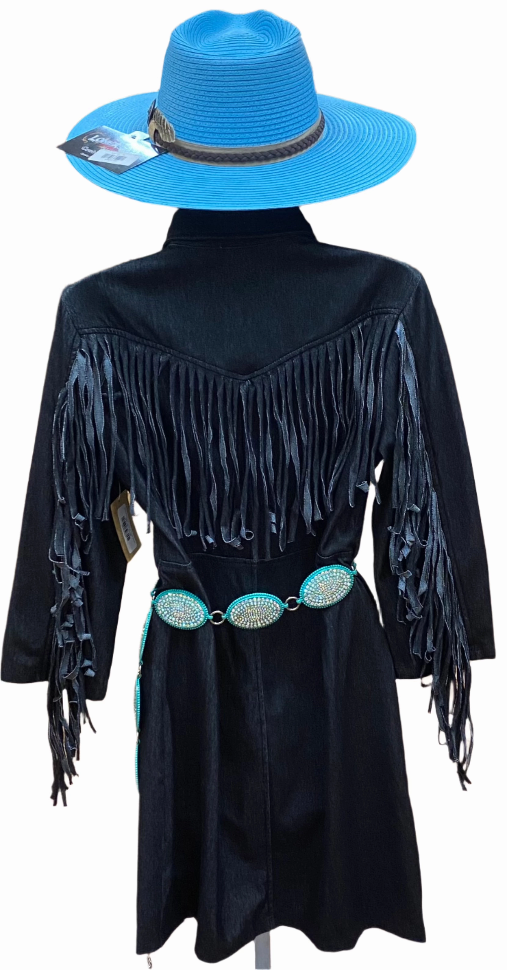 Black Denim Knit Dress w/ Fringe Details Airy Feel Timeless Appeal