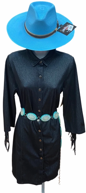 Black Denim Knit Dress w/ Fringe Details Light and Breezy Chic Waist Design