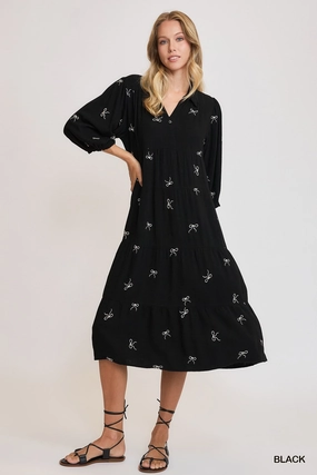 Black Linen Blend Tiered Ribbon Embroidered Dress ReinforcedHem