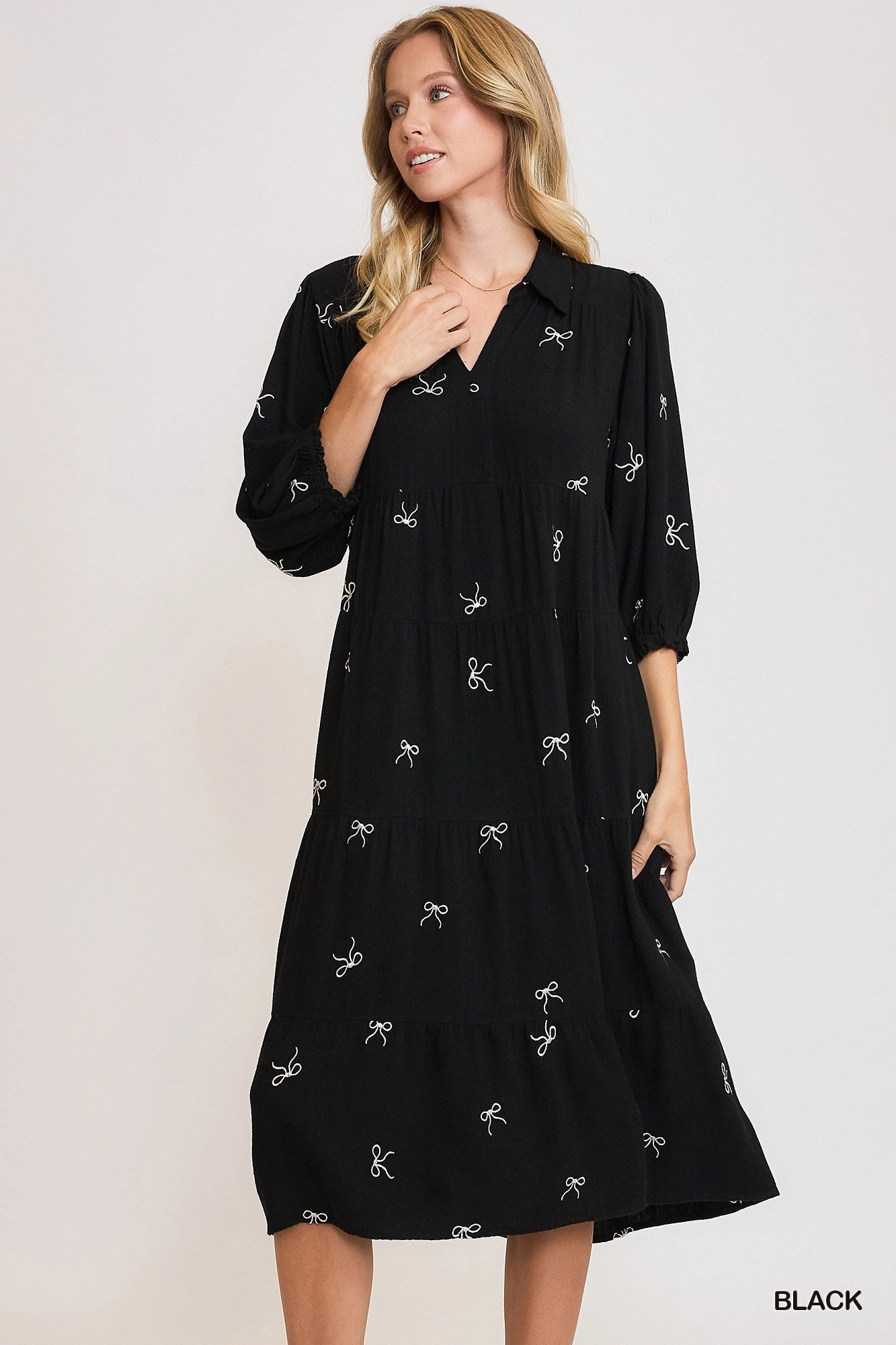 Black Linen Blend Tiered Ribbon Embroidered Dress Fresh Aesthetic