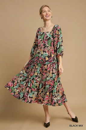 Transitional-Wear Comfortable shift dress Black Mix Tropical Print Midi Dress