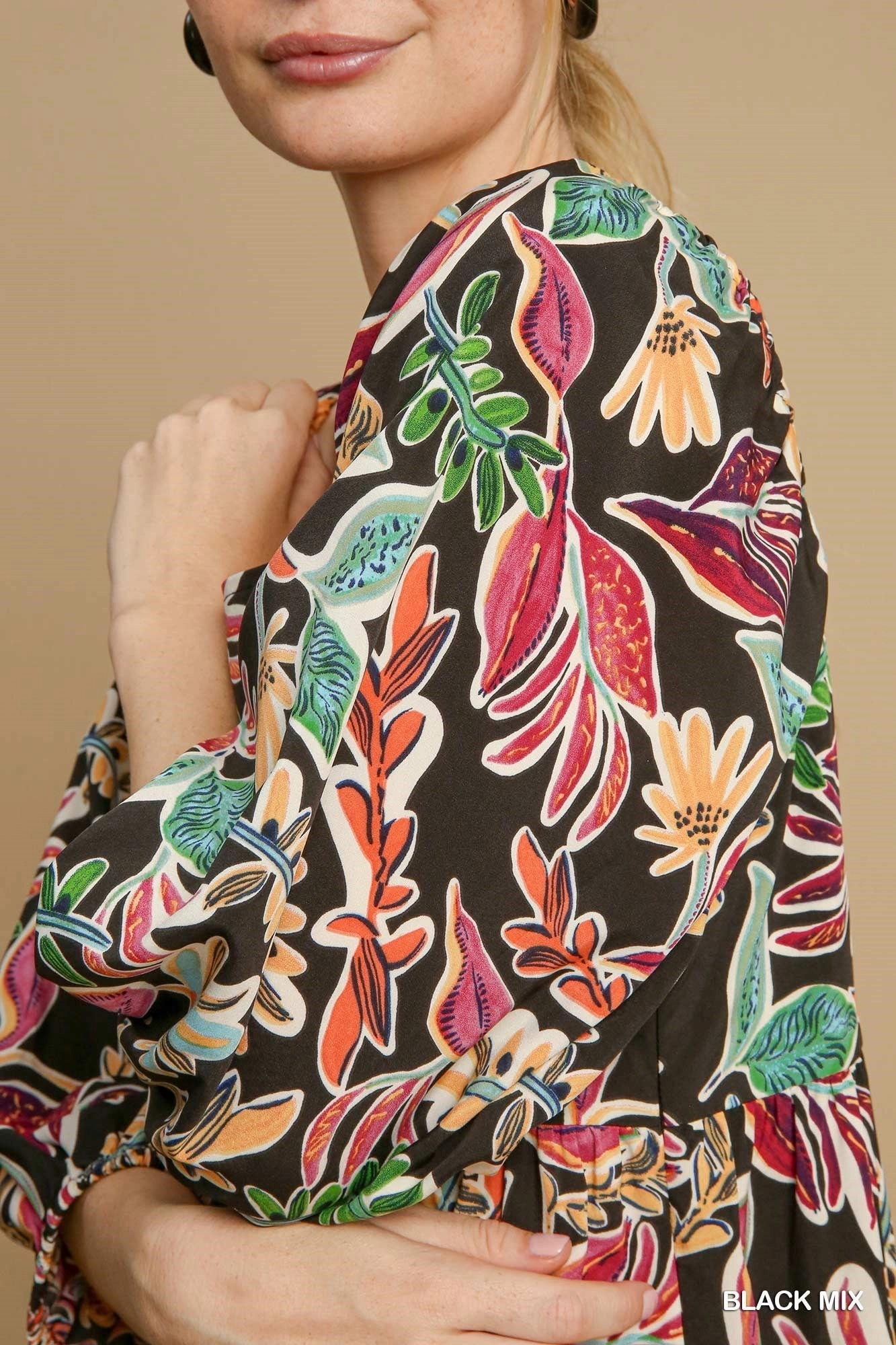 Black Mix Tropical Print Midi Dress Refined Mood Bright Appeal
