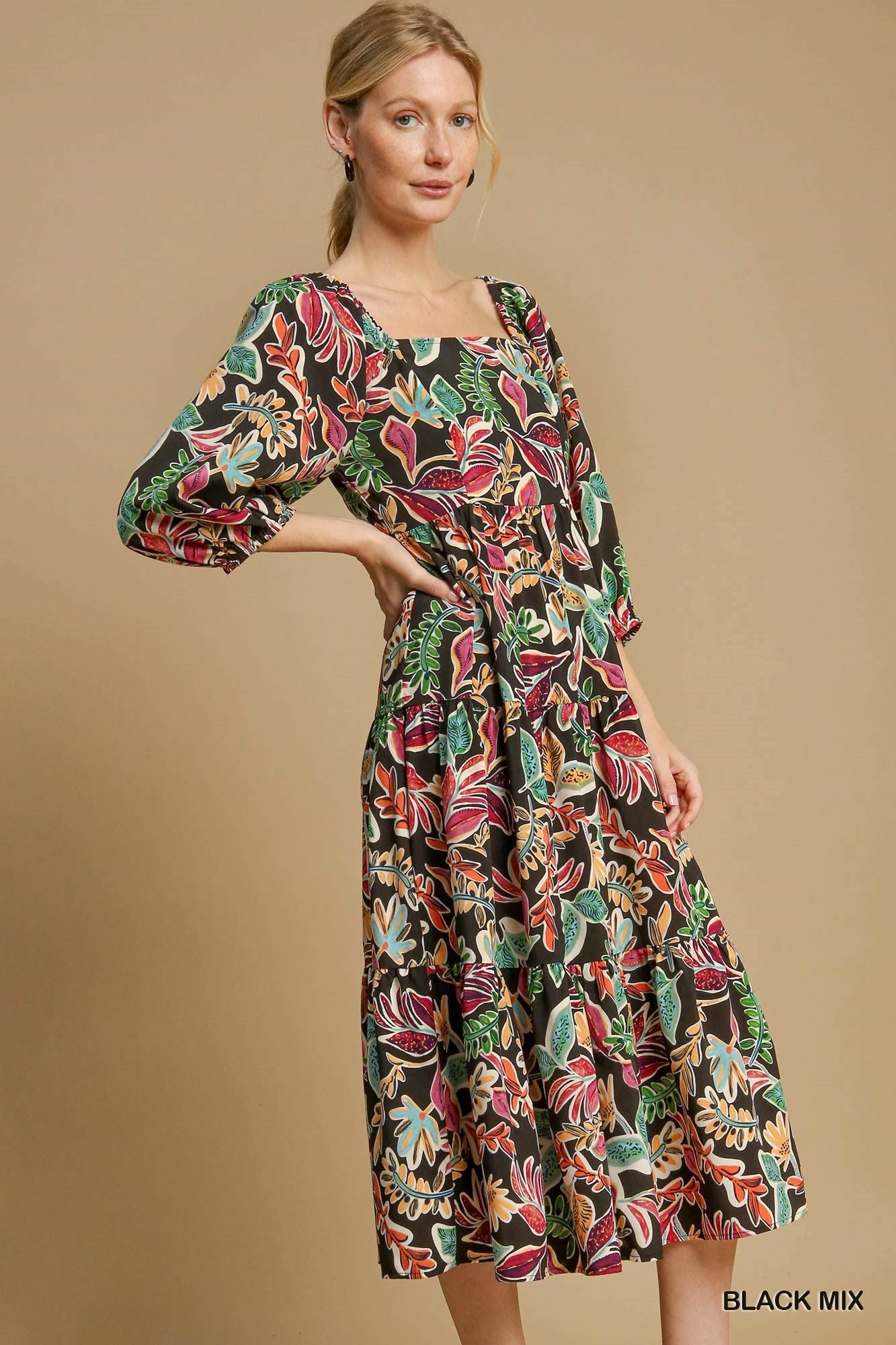 Elegant Layering Black Mix Tropical Print Midi Dress