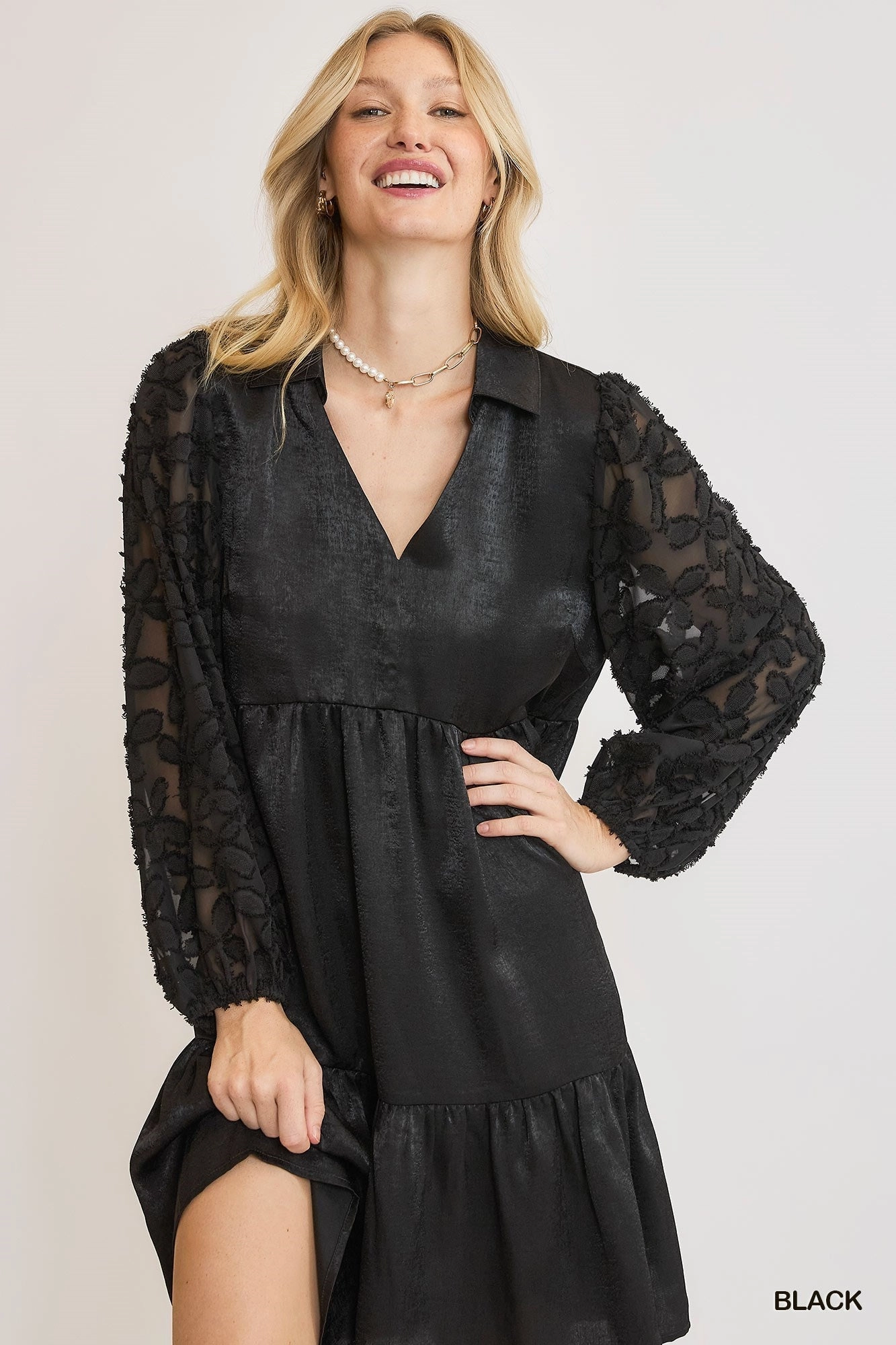 Black Satin V-Neck Mini Dress w/ Burnout Sleeves Smooth Look Cocktail Ready