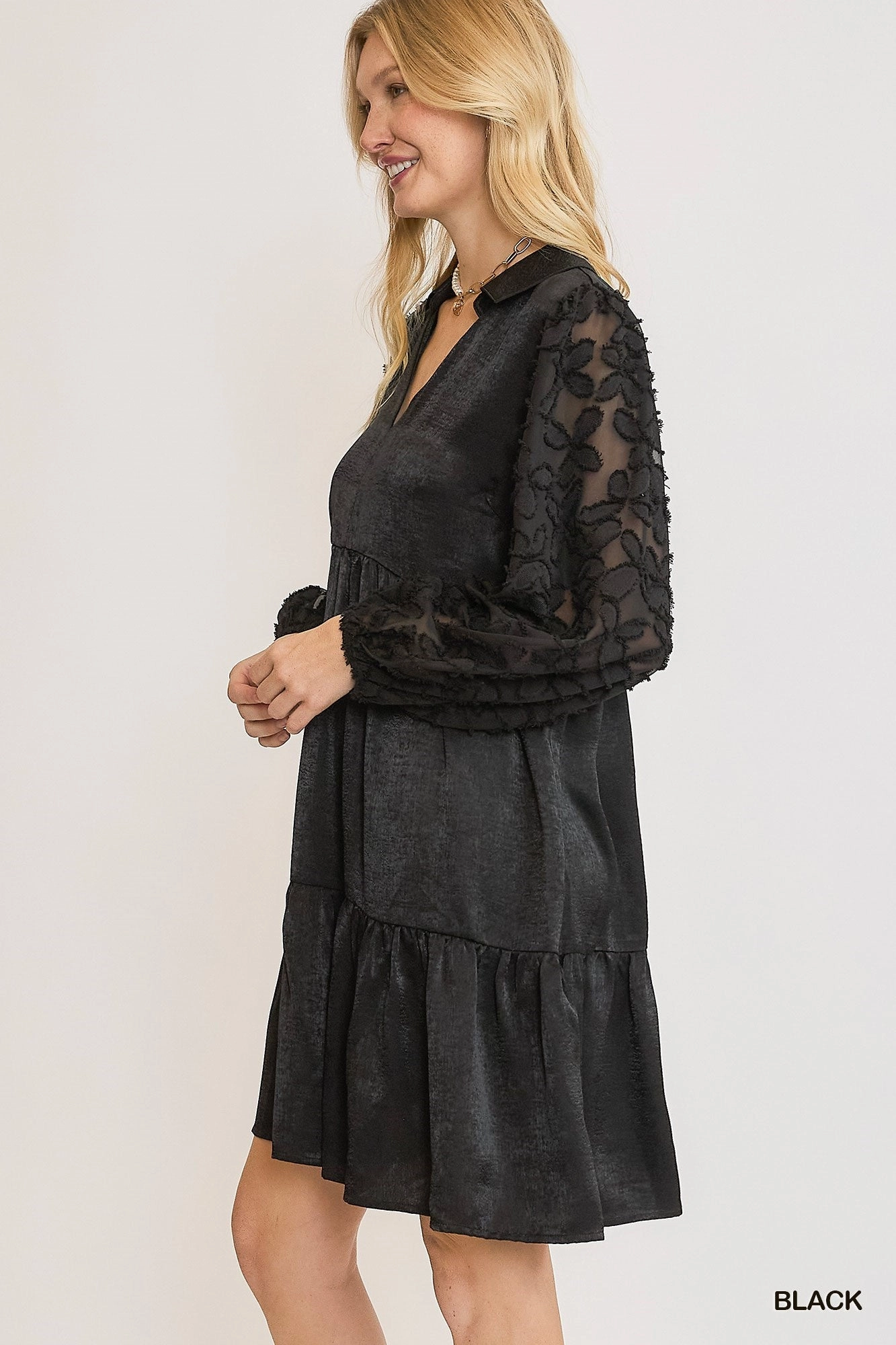 Sleek Comfort City Mood Black Satin V-Neck Mini Dress w/ Burnout Sleeves