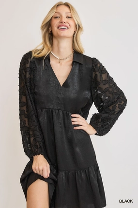 Black Satin V-Neck Mini Dress w/ Burnout Sleeves Smooth Look Cocktail Ready