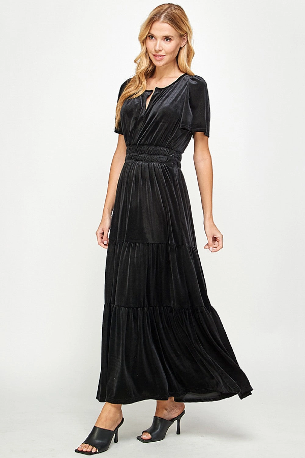 Black Velvet Tiered Midi Dress Event Favorite Mixed Fabric
