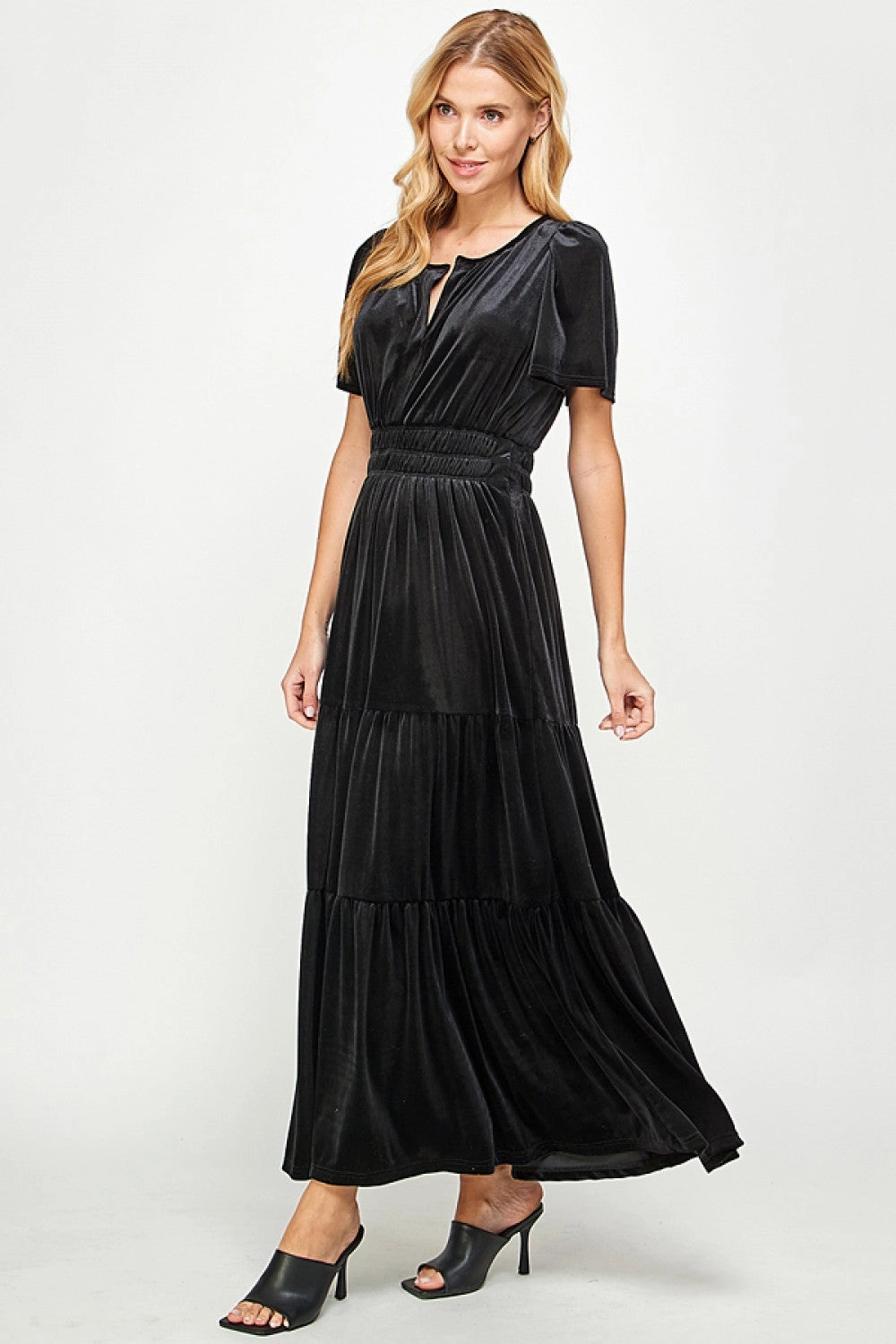 Black Velvet Tiered Midi Dress Timeless Comfort Wear High Cut