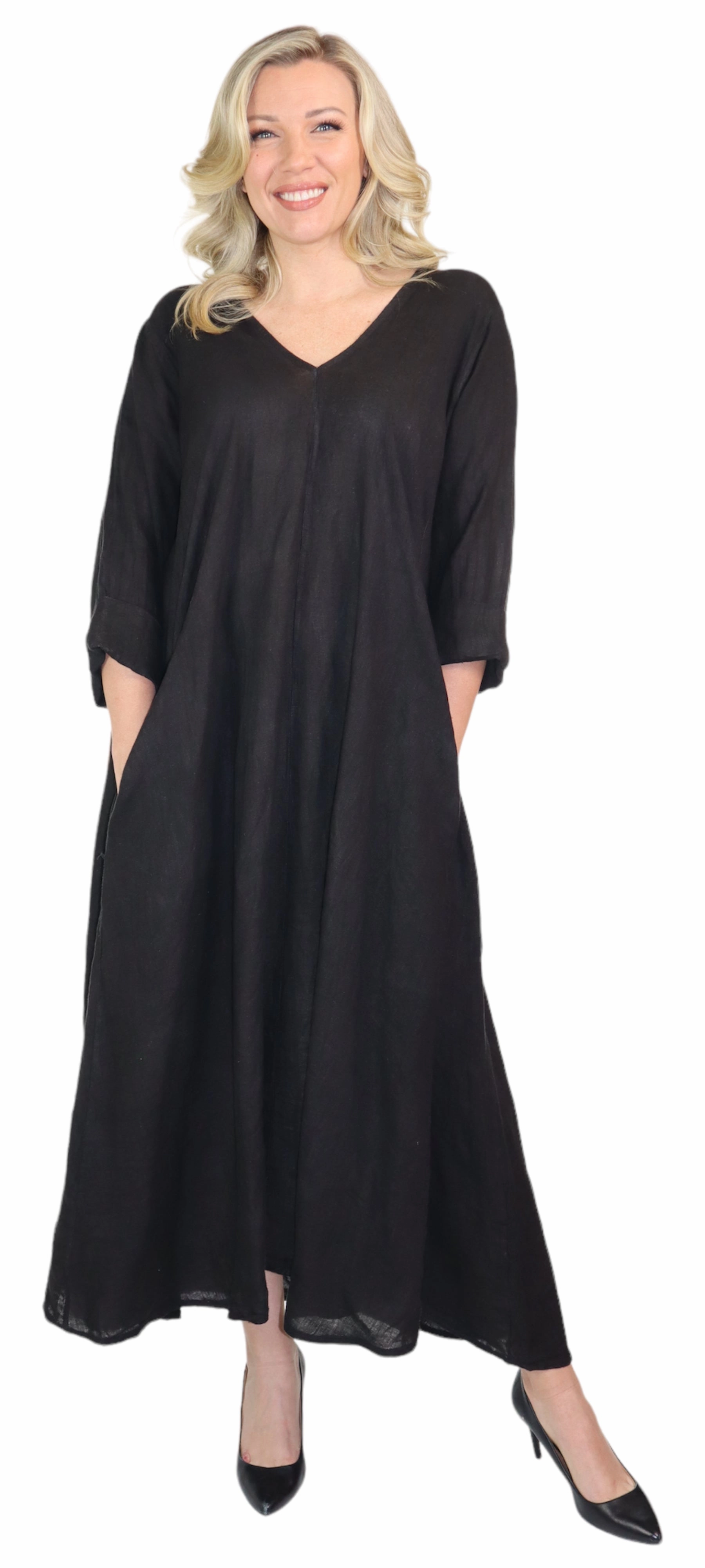 Soft Glide Flattering Waist Fit Black Washed Linen Dress