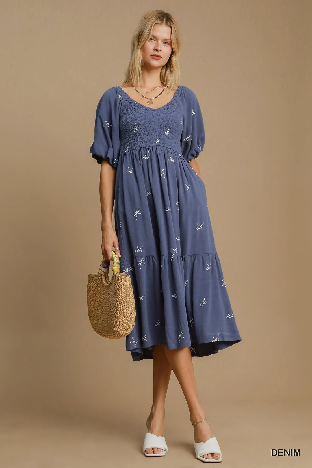 Shine Skin Timeless and Comfortable Blue Linen Blend Tiered Ribbon Embroidered Dress