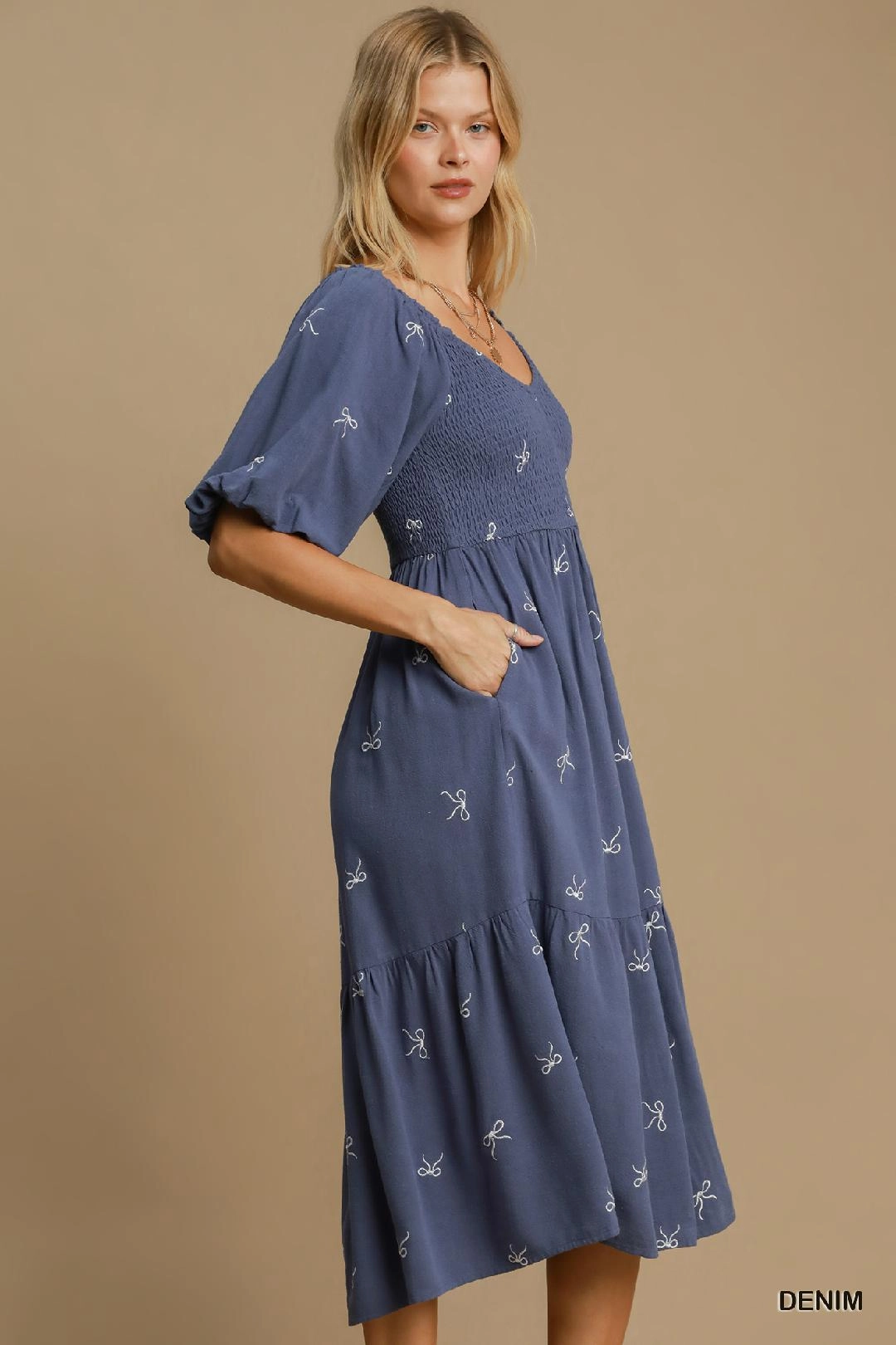 Trendy Piece Blue Linen Blend Tiered Ribbon Embroidered Dress