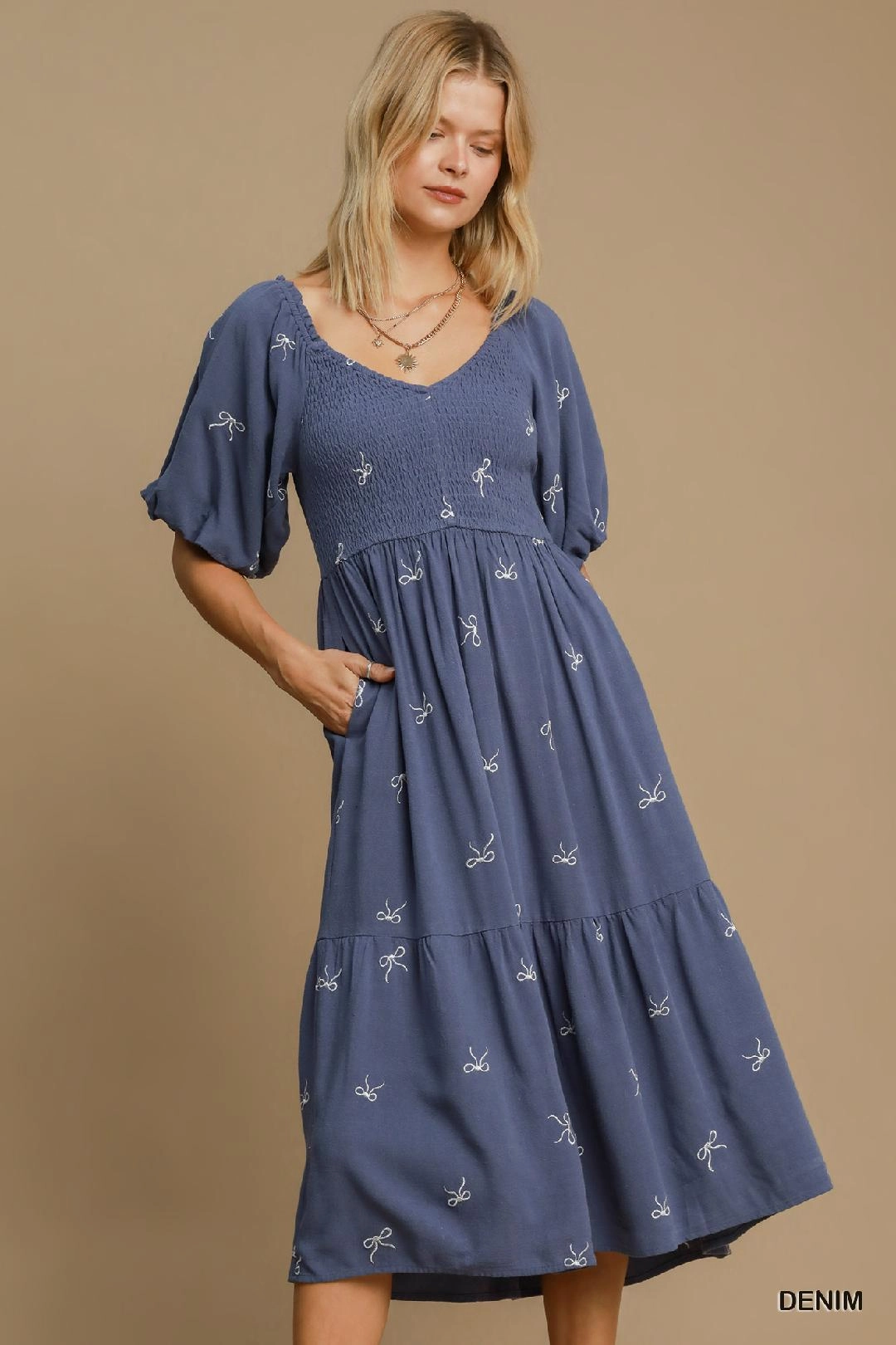 Climate-Adaptive Clean Mood Blue Linen Blend Tiered Ribbon Embroidered Dress