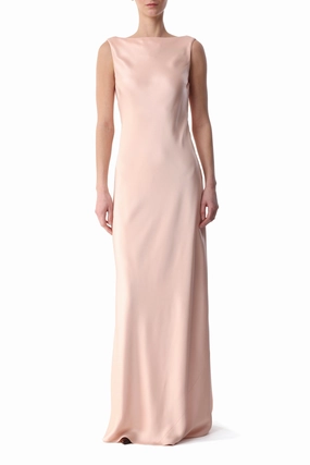BOAT NECK CREPE BACK SATIN GOWN WITH LOW BACK Relax Piece Contemporary Fit
