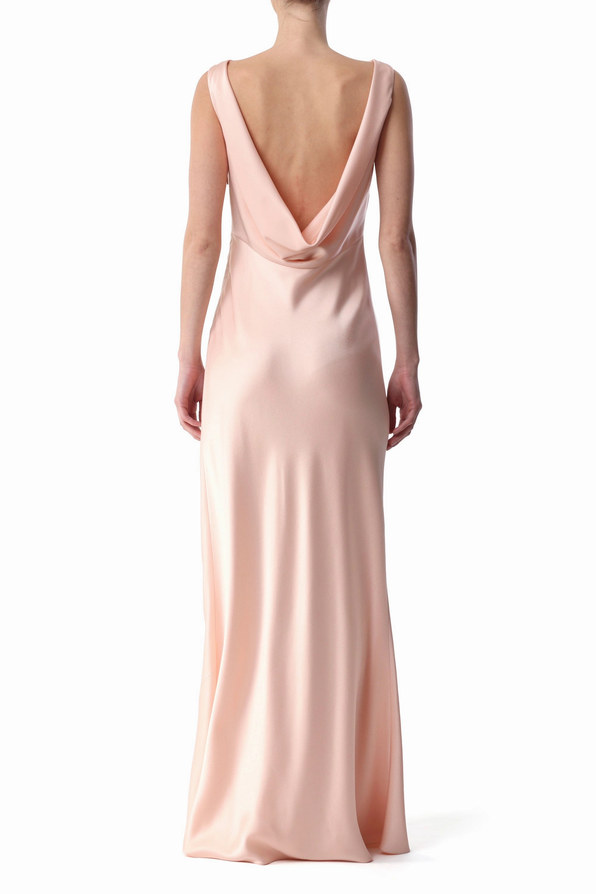 BOAT NECK CREPE BACK SATIN GOWN WITH LOW BACK Sheer Look