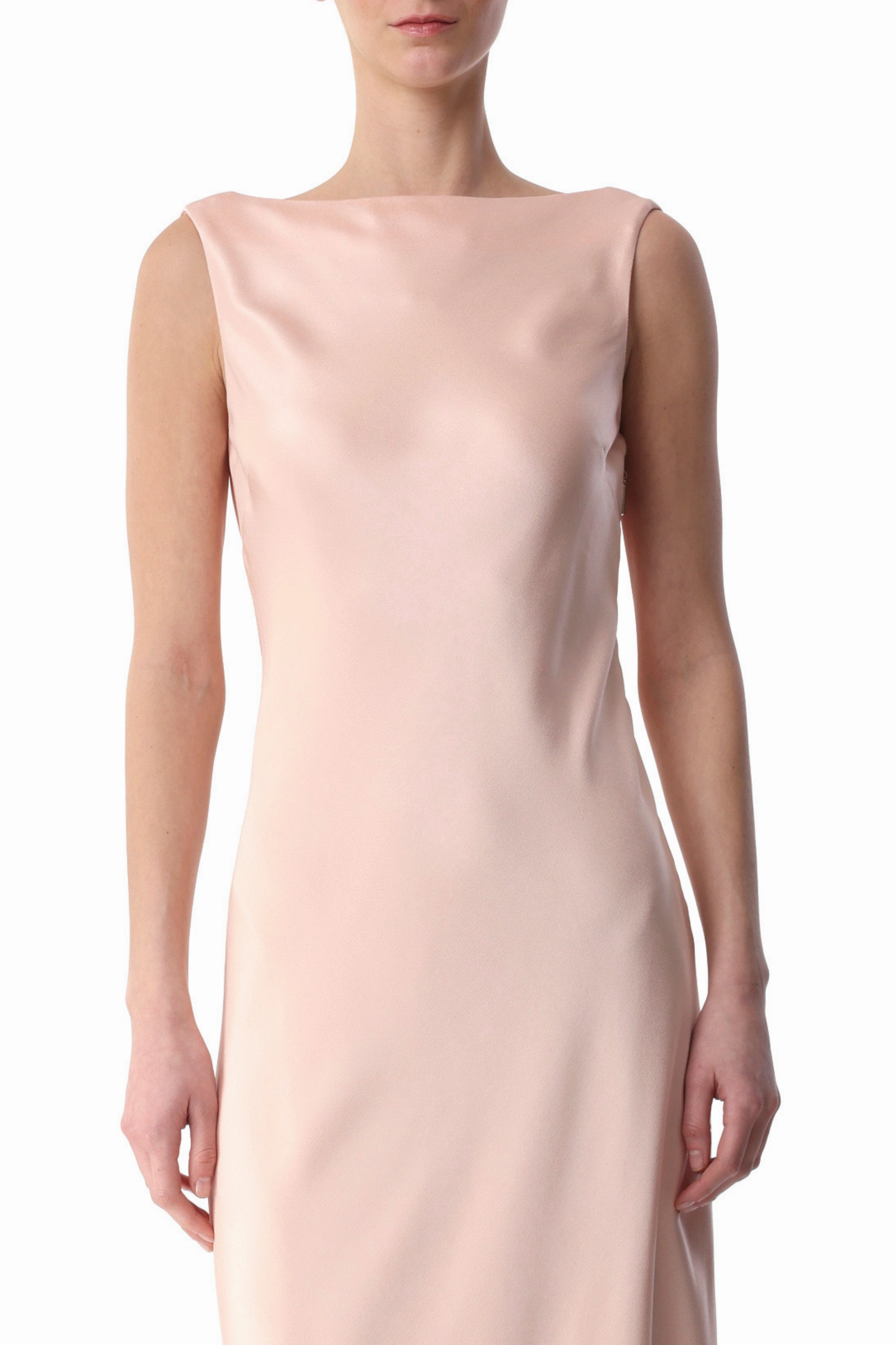 BOAT NECK CREPE BACK SATIN GOWN WITH LOW BACK Airy Weave Fashion Essential