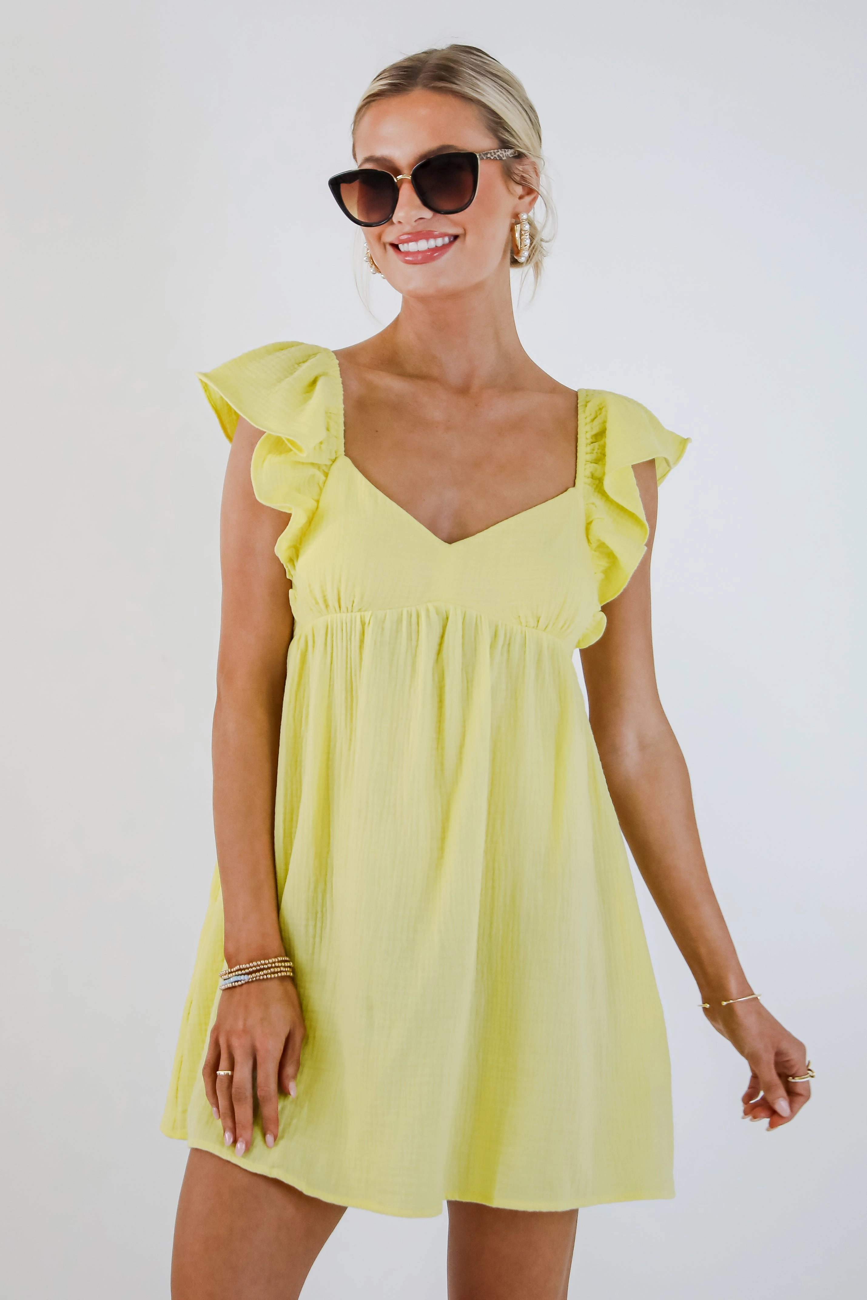 Chill Detail FINAL SALE - Social Hour Lemon Linen Babydoll Mini Dress