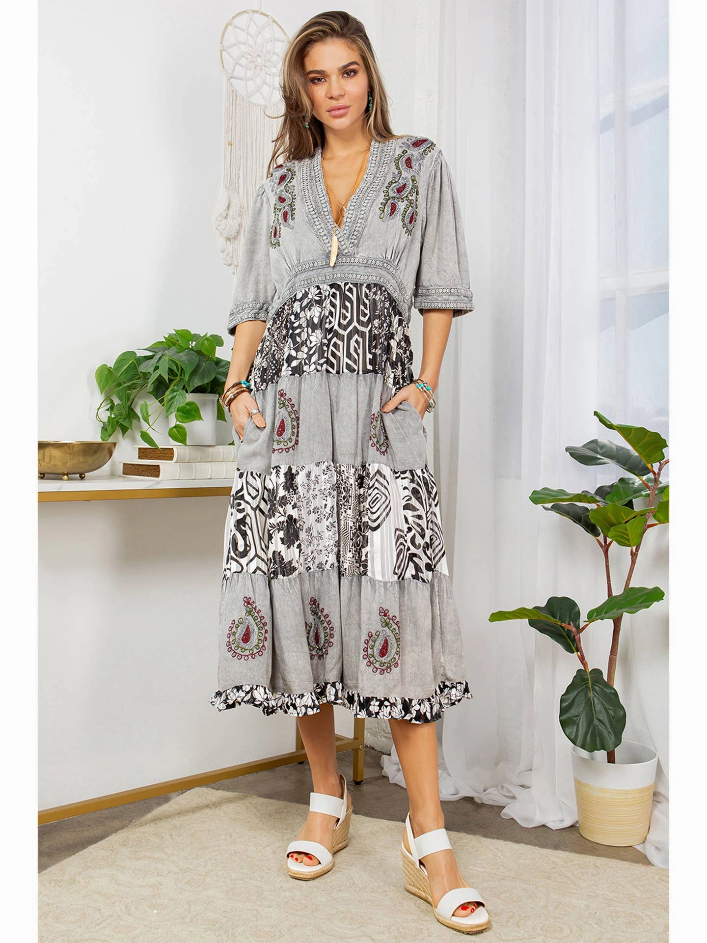 Boho Grey, Black & White Patchwork Maxi Dress Smart Glide Event Perfect