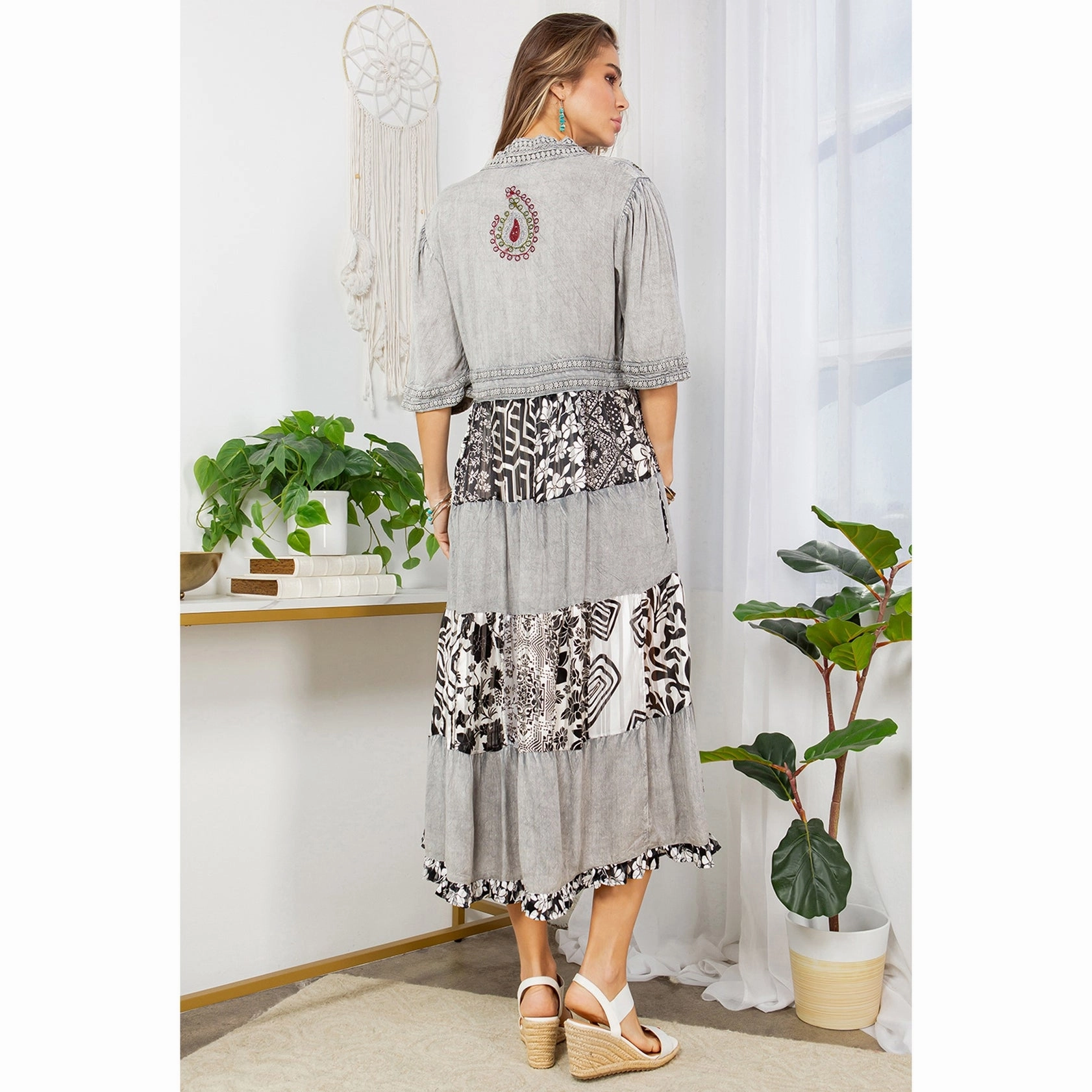 Garden-Party Flattering Fit Wear Boho Grey, Black & White Patchwork Maxi Dress
