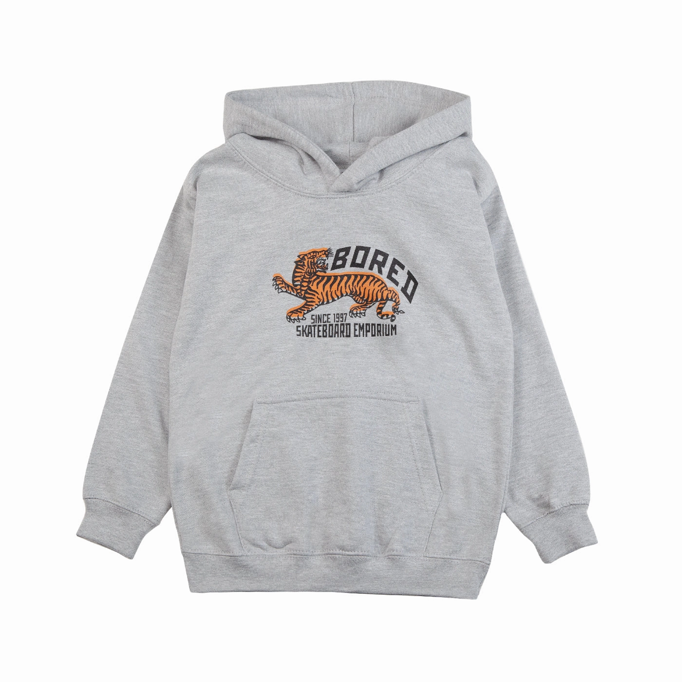 Bored of Southsea Tiger Emporium Kids Hoodie - Heather Grey Reinforced Elbow Patches Shiny Finish