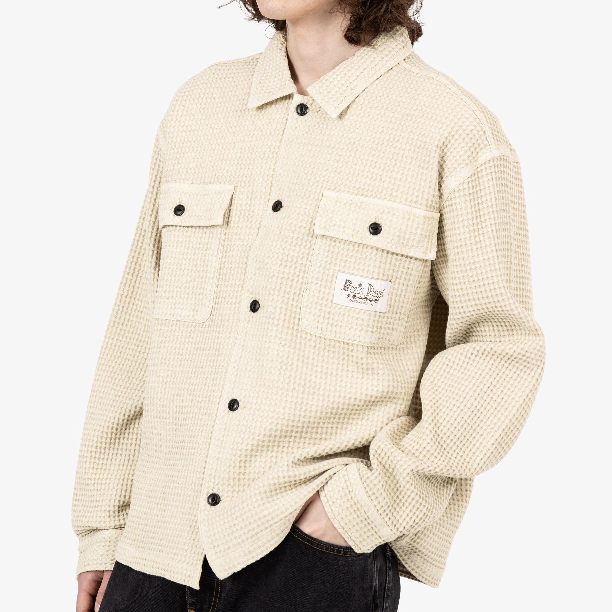 Brain Dead Waffle Button Front Shirt / Tan Multipurpose Layering Fabric Flexible Shoulder Construction