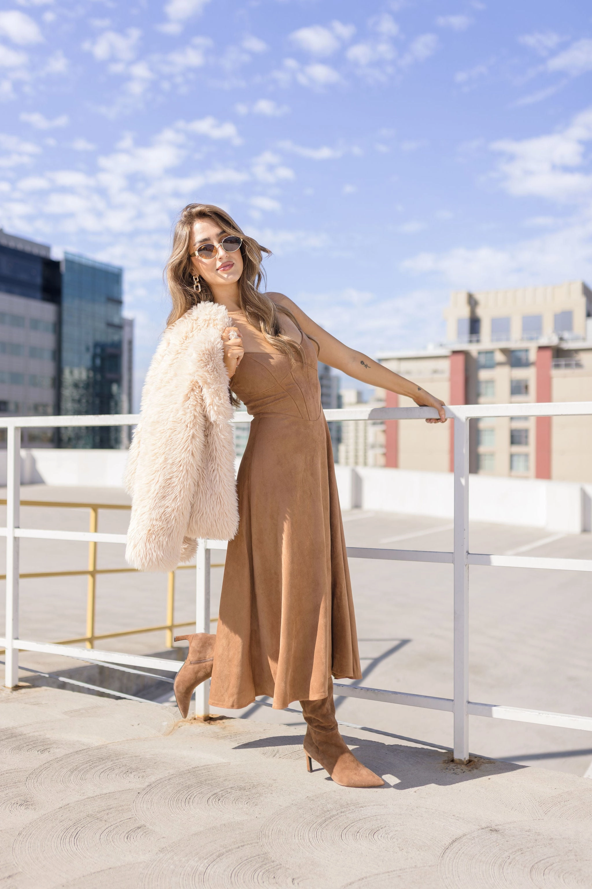 Brooke Sleeveless Corset Faux Suede Midi Dress Camel Easy Comfort