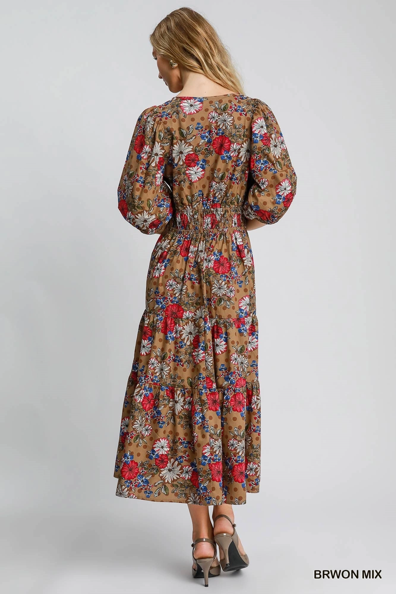 Sleek Design Brown Mix Floral Print Midi Dress