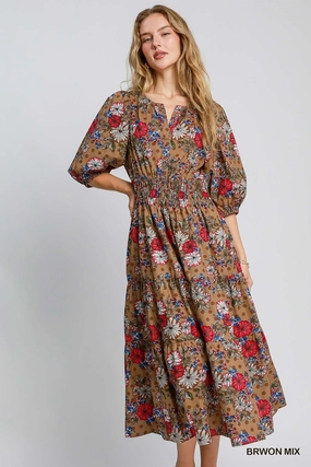 Brown Mix Floral Print Midi Dress velvet feel Winter Proof